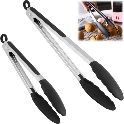 27.5 and 34.5 cm Stainless Steel Barbecue Tongs Kitchen Utensil with Heat Resistant Tips, Convenient One-Hand Closure and Hanging Eyelet, Silicone Kitchen Tongs (1/5)
