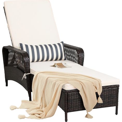 COSTWAY Rattan Sun Lounger, 6 Positions Adjustable Deck Chaise Sunbed with Removable Cushion and Pillow, Outdoor Wicker Weave Reclining Chair for Patio Garden Poolside (Brown + Cream, without Wheels) (1/5)