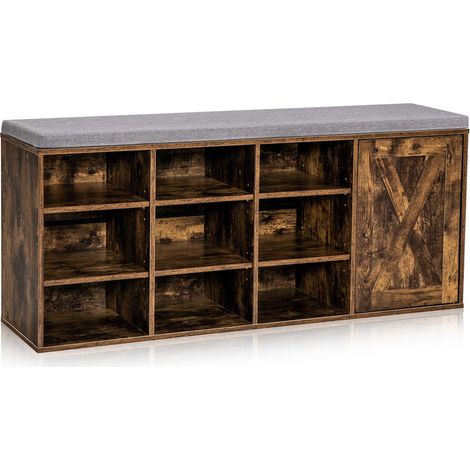 Banc à Chaussures Rangement 9 Cases et Placard avec Coussin Rembourré Étagères Réglables pour Entrée Marron Rustique (1/5)