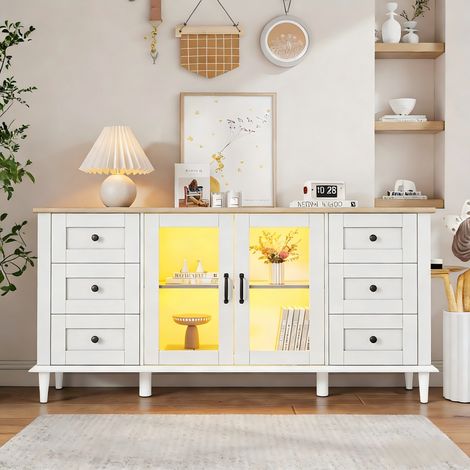 Buffet et enfilade-6 tiroirs-éclairage LED-2 portes acrylique-grands compartiments-blanc et bois-150x40x75cm (1/5)