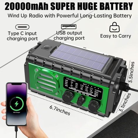 Radio a dinamo di sopravvivenza da 20000 mAh, torcia a dinamo di sopravvivenza SW/AM/FM, batteria di grande capacità, caricabatterie portatile per cellulare, SOS, radio a manovella di sopravvivenza co (1/4)