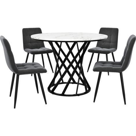 Set da pranzo moderno 5 pezzi con tavolo rotondo 80 cm e 4 sedie in velluto nero con gambe in metallo (1/5)