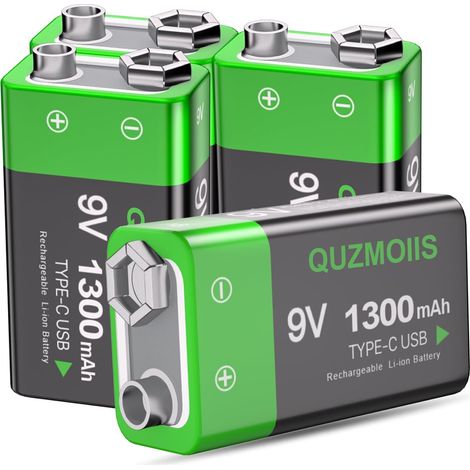 Lot de 4 Piles Rechargeables 9V, 1300mAh Haute Capacité 9 Volt Piles Lithium Carrées Recharge USB-C avec câble de Chargement 2 en 1 pour Détecteurs de Fumée, Multimètres etc (1/5)