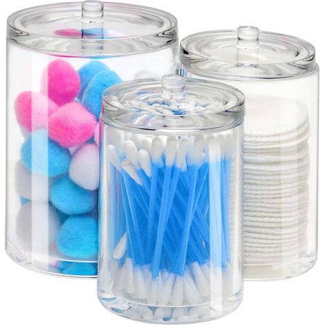 1 Organisateur Salle de Bain, 3 Pots Acrylique, Couvercles Inclus, Rangement Coton Tige, Cosmétiques, Maquillage