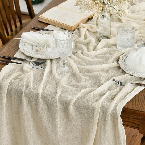 Chemins de Table Gaze Mousseline Bohême Beige 300 cm, Décoration de Table de Cuisine Vacances Mariage Fête d'anniversaire (1/5)