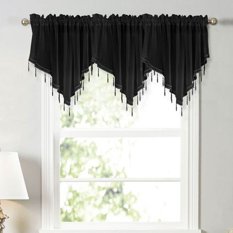 Tende da cucina in tulle con perline, tende triangolari in stile rustico con nappe, ideali per camere da letto, bagni e caffè. 130 x 60 cm, nere. (1/5)