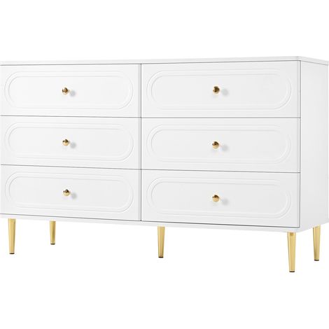Credenza moderna con 6 cassetti, dettagli ovali, piedi in metallo, bianca 120 x 40 x 75 cm (1/5)