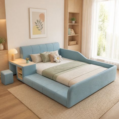 Cama tapizada moderna 140x200 cm con escritorio lateral, taburete y cabecero suave, terciopelo azul (1/5)