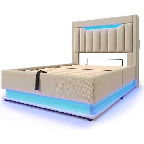 Cama con canapé tapizada 90x200 cm beige de lino con LED, USB-C y colchón (1/5)