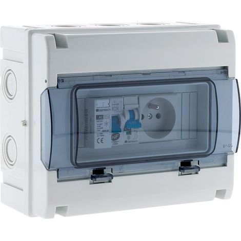 1 Coffret électrique IP65 8 modules avec rail din, disjoncteur 16A et prise pour abri piscine