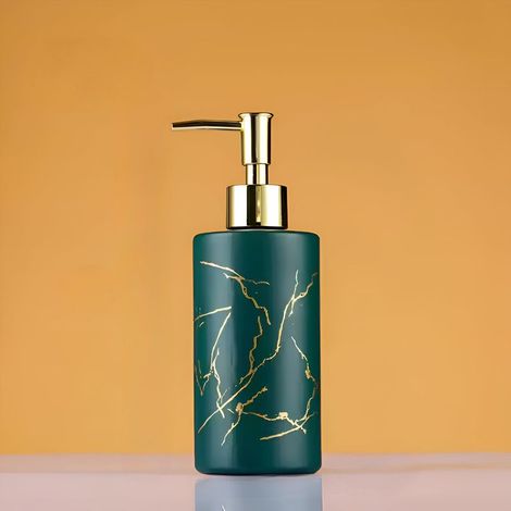 Distributeur de Savon en Verre 320 ML en Marbre Dorée - Design Élégant pour Salle de Bain ou Cuisine - Pompe Antirouille et Rechargeable - Idéal pour Savon Liquide, Lotion ou Gel Douche (Vert) (1/5)