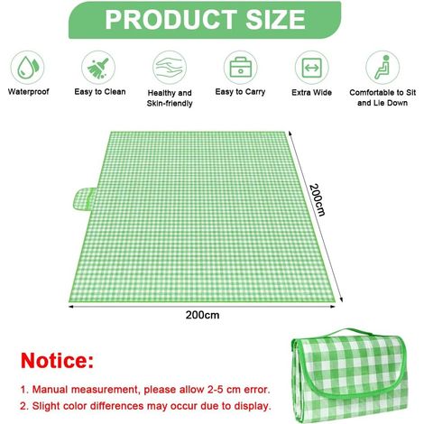 Couverture de pique-nique 200x200cm, nappe de pique-nique, tapis de plage, imperméable, pliable avec poignée, convient pour les jardins, les tables à manger, les barbecues, la randonnée, les voyages, - 2
