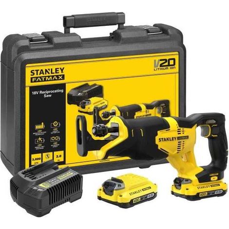 STANLEY FATMAX Sierra sable V20 Litio 18V, Velocidad hasta 3000 cpm, longitud de carrera 25mm, incluye 2 baterías 2Ah, cargador y maletín, SFMCS300D2K-QW