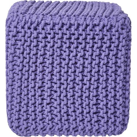 HOMESCAPES Purple Cube Cotton Knitted Pouffe Footstool