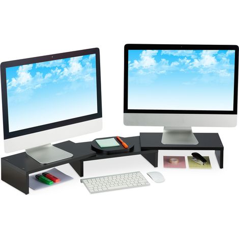 Relaxdays Soporte de Monitor Doble, Ajustable, Ergonomía en el Trabajo, Elevador de Pantalla para Escritorio, Negro