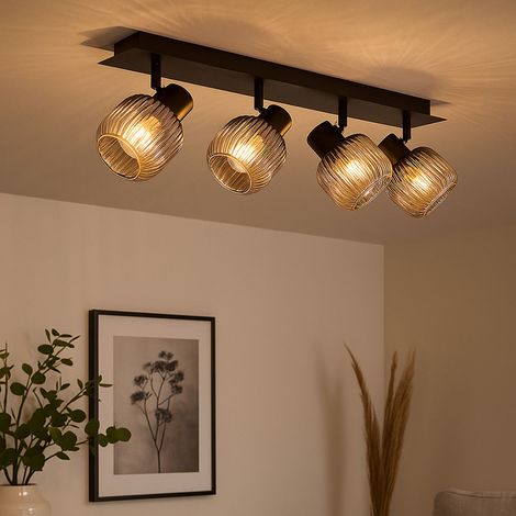 Faretto da soffitto a 4 fiamme lampada da soggiorno plafoniera in vetro fumé lampada da soffitto regolabile, 4x E14, LxH 69,5 x 13,7 cm