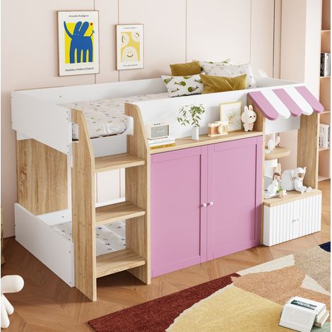 Haus-Hochbett 90x200 cm Pink/Weiß aus Holz mit Leiter, Stauraum und Spielbereich (1/5)