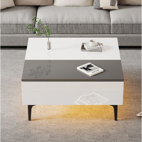 Couchtisch 70x70x35 cm weiß-grau aus MDF mit höhenverstellbarer Platte, LED und Stauraum (1/5)