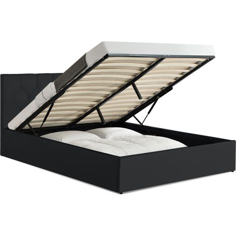 Idmarket – Lit coffre double 140 x 190 cm – PVC noir – Tête de lit capitonnée – Sommier relevable avec 24 lattes – Rangement intégré (1/5)