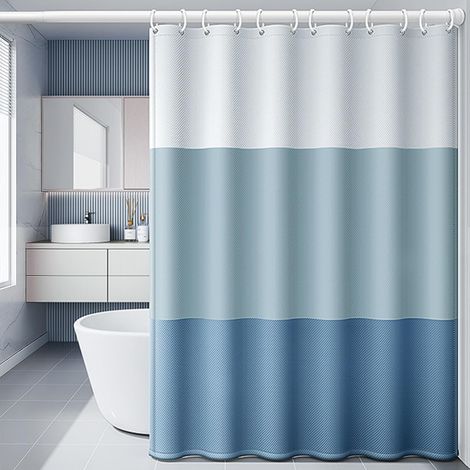 JSSEVN - Blauer Duschvorhang, nordisches Patchworkmuster, dick, wasserdicht und schimmelresistent, mit 12 Haken, 180 x 200 cm (1/5)