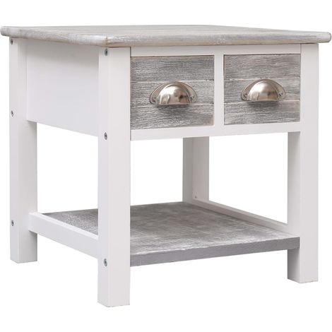 Table d'appoint bout de canapé chevet avec tiroirs 40 x 40 x 40 cm bois de paulownia gris et blanc DEC032441