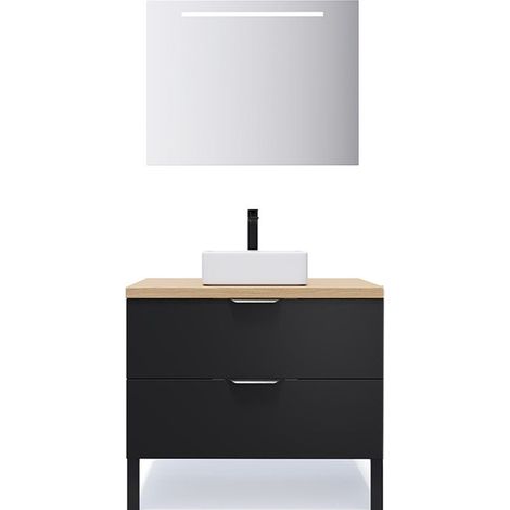 Meuble de salle de bain suspendu vasque à poser 90cm 2 tiroirs Noir + miroir - Soho (1/5)