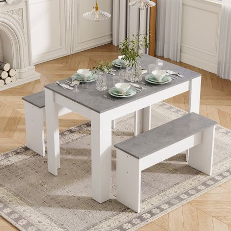 Modern Grey and White Artificial Marble Dining Table Set with 2 Benches for Kitchen and Small Dining Rooms