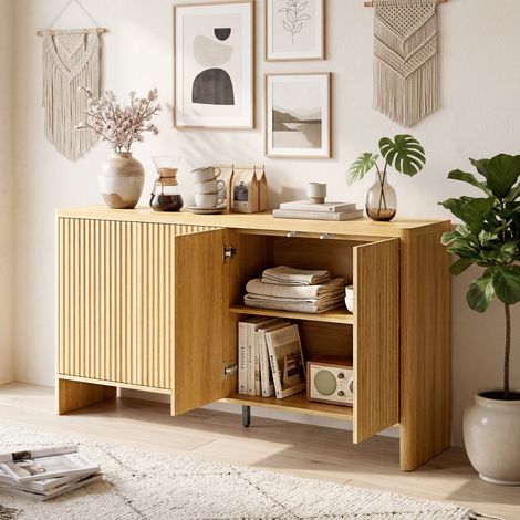 Buffet salon meuble rangement 4 portes rainurées étagère réglable ouverture pression chêne 147x40x77 cm (1/4)