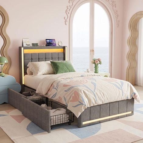 Lit simple 90x190 cm avec 2 tiroirs, lit avce LED RGB et USB, sommier, Revêtement lin, Lit adolescent Gris (1/5)