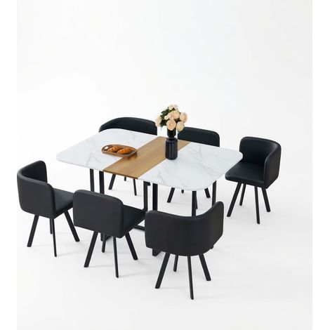 ELVMI Conjunto de Mesa y Sillas con 1 Mesa y 6 Sillas, Almacenamiento Bajo Mesa, MDF, Metal y PU, Blanco y Madera (1/5)