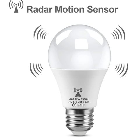Ampoule LED basse consommation E27 (12 W) avec capteur radar, 7 ampoules, lumière blanche. Alimentation : 175-265 V CA. Capteur de luminosité intégré. (1/5)