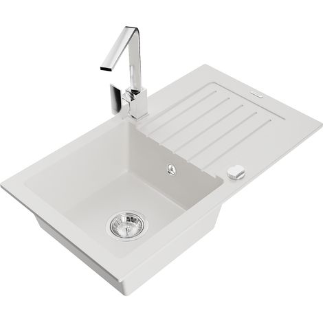 Mexen Pablo lavello in granito a 1 vasca con scolapiatti e miscelatore cucina Rita, bianco - 6510-20-670300-00 (1/4)