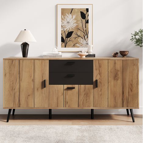 MODFU – Credenza 140x35x67 cm in MDF ad alta densità con 2 cassetti, 3 ante, 7 scomparti, carico 40 kg e 6 piedini 15 cm – Nero e decoro legno (1/5)
