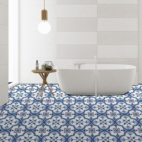 Lot de 24 dalles de sol autocollantes en vinyle pour salle de bain et cuisine, crédence, bleu et blanc, 20,3 cm