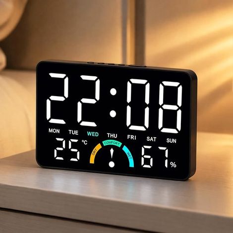 Sveglia digitale con luce，grande orologio digitale a LED，orologio da tavolo con visualizzazione della temperatura e calendario