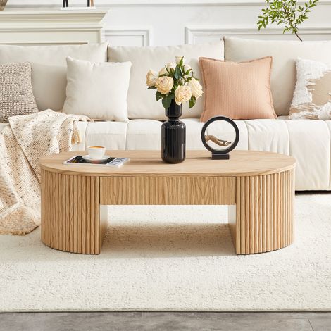 Mesa de centro oval efeito carvalho Kérian com gaveta arrumação, mesa café madeira canelada design elegante, mesa sala estar moderna com arrumação para sofá (1/5)