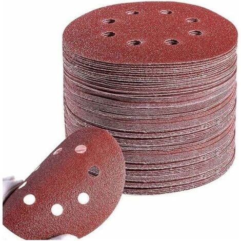 Lot de 100 Disques Ponage Papier Abrasifs 125 mm 8 Trous Circulaire Sablé Grain p60/80/100/120/240 Disque Abrasif pour Ponceuse Excentrique Poncer, Polir, Dérouiller (1/5)