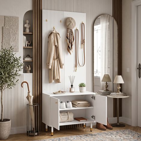 Creahappy Vestiaire d'Entrée Meuble à Chaussures 70x35x180 cm - Optimisation de l'Espace avec 6 Patères & Étagère Réglable - Blanc et Doré (1/5)