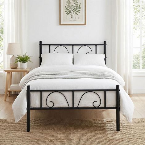 FurnitureR Bed Frame with Metal Platform Solid Metal Headboard and Footboard Hook Storage Space Under Bed Slatted Bed for Adults, Black, Single, Suitable for 90x190CM Mattress