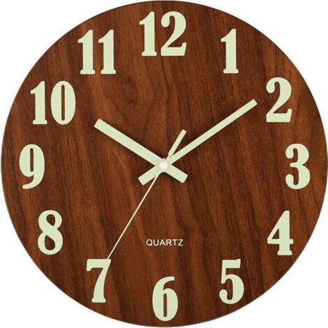 Reloj de pared silencioso de 30 cm (12 pulgadas) con iluminación, diseño de madera, luz nocturna, redondo, ideal para sala de estar y dormitorio. Se ilumina en la oscuridad. Números clásicos. (1/5)