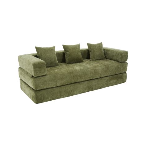 Sofá cama, sofá de 3 plazas con bolsillos laterales y base antideslizante, 3 cojines, de felpa (chenilla), verde (1/5)