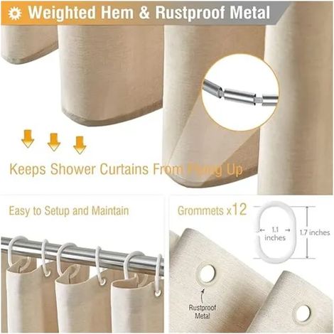 Rideau de douche en lin texturé extra-long 84 pouces, set résistant avec 12 crochets, tissu imperméable pour salle de bain (1/3)