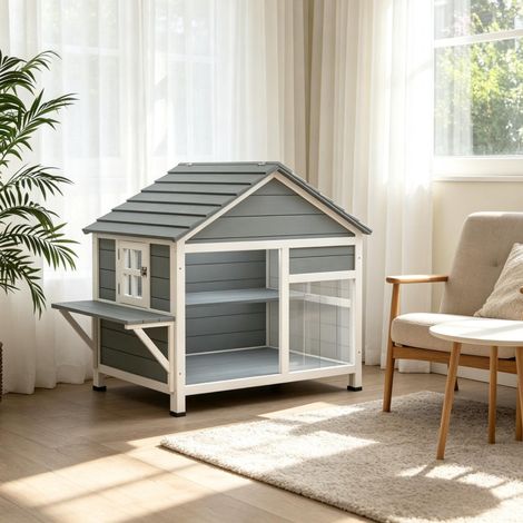 Caseta exterior para gatos de madera gris 101x72,5x81 cm con techo abatible FloraGrace (1/5)