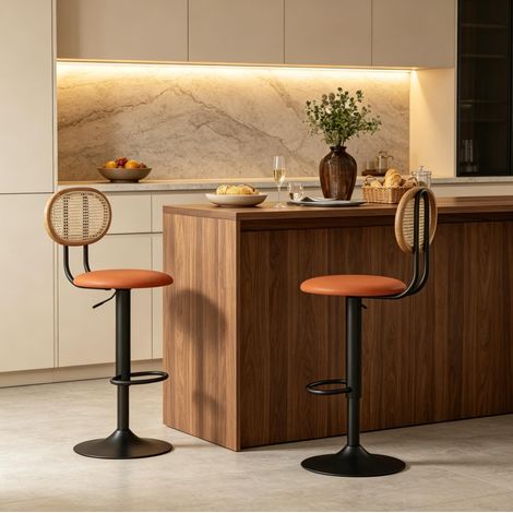 Set di 2 sgabelli da bar regolabili 40,5x52x92-113,5 cm legno e rattan PE (1/5)