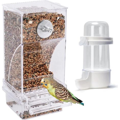Mangiatoie per uccelli senza sporcare, mangiatoia a gabbia anti-goccia con distributore d'acqua incluso e contenitore automatico per cibo per pappagalli (1/4)