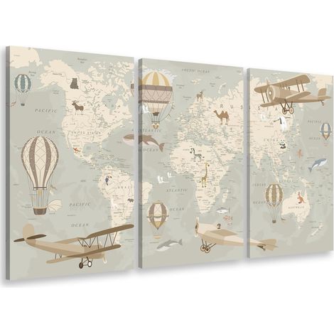 Tableau triptyque enfant carte du monde avions et montgolfières - 90x60 cm (1/4)