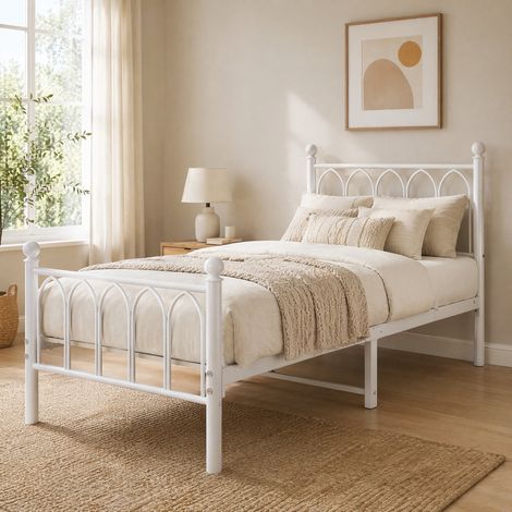 Cama 90x200 cm de metal blanco con cabecero alto, USB, LED y espacio de almacenaje (1/5)