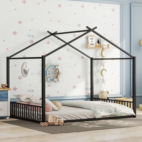 Lit simple 140x200 cm noir structure métal panneaux décoratifs sans matelas (1/5)