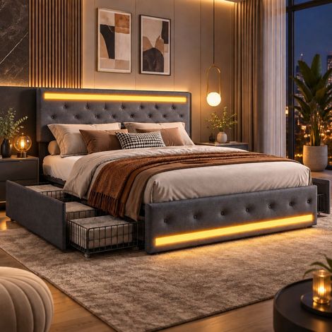 Lit adulte double 160x200 led avec 4 Tiroirs, sommier 160x200 cm avec tête de lit, USB, Lin Gris (1/5)