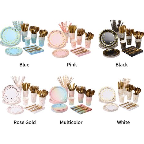 Set di stoviglie monouso per 25 persone: piatti, forchette, coltelli, cucchiai, bicchieri, tovaglioli e cannucce. (1/5)
